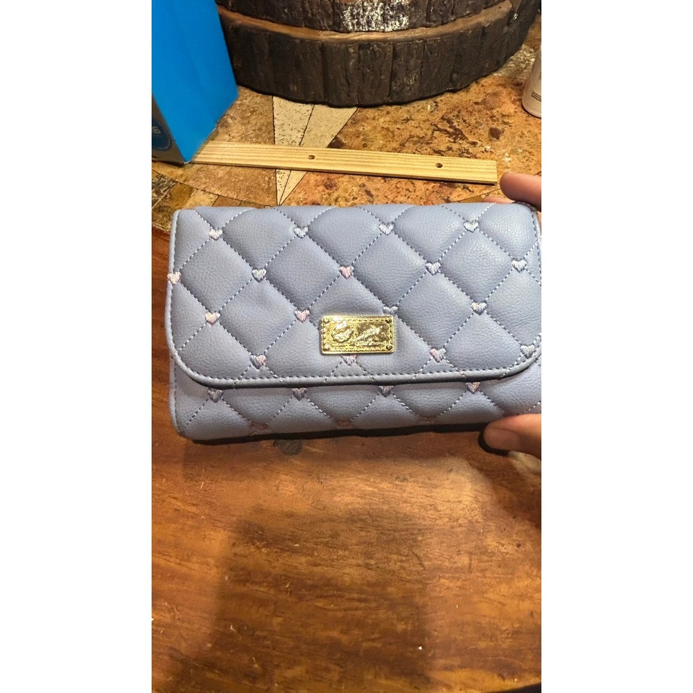 Luv Betsey Johnson Quilted Heart Crossbody Wallet Bag Blue Gold Logo Clutch